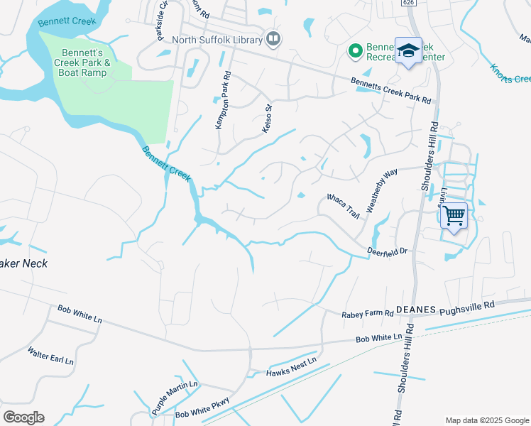map of restaurants, bars, coffee shops, grocery stores, and more near 6028 Steeplechase Lane in Suffolk