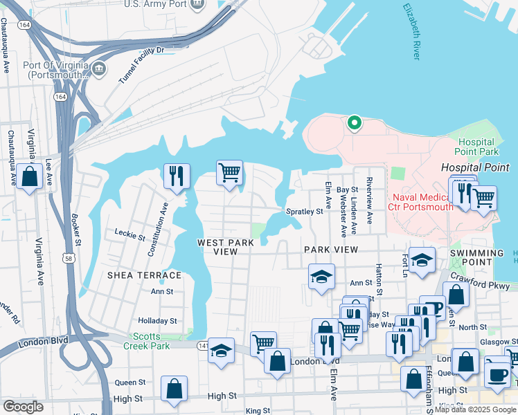 map of restaurants, bars, coffee shops, grocery stores, and more near 1527 Spratley Street in Portsmouth