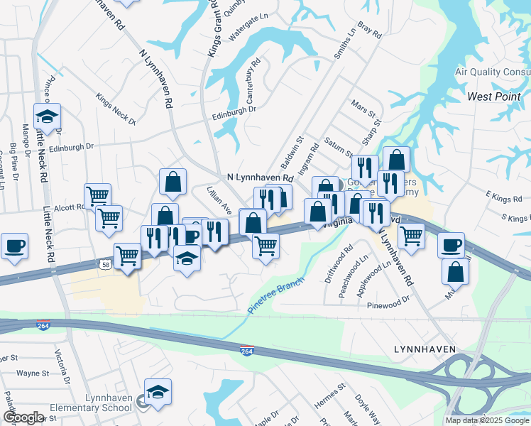 map of restaurants, bars, coffee shops, grocery stores, and more near 3020 Kings Row Court in Virginia Beach