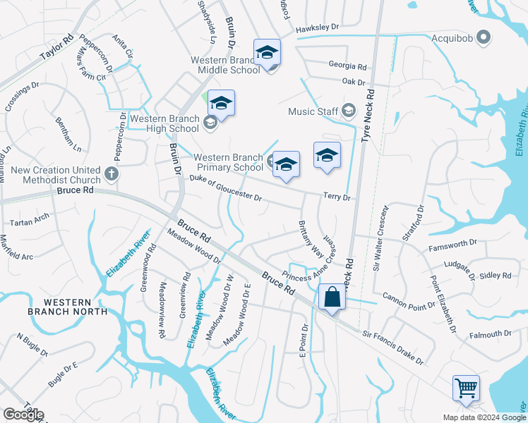map of restaurants, bars, coffee shops, grocery stores, and more near 3008 Duke of Gloucester Court in Chesapeake