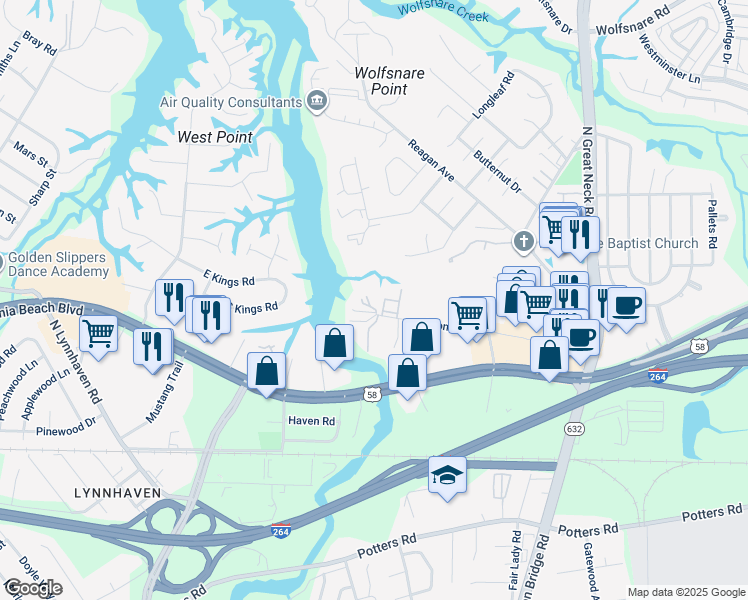 map of restaurants, bars, coffee shops, grocery stores, and more near 404 Egret Landing in Virginia Beach