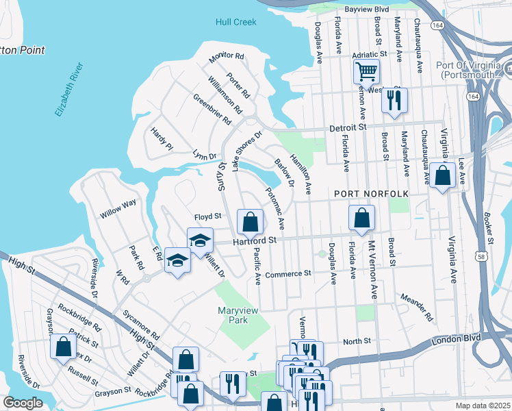map of restaurants, bars, coffee shops, grocery stores, and more near 693 Lake Shores Drive in Portsmouth