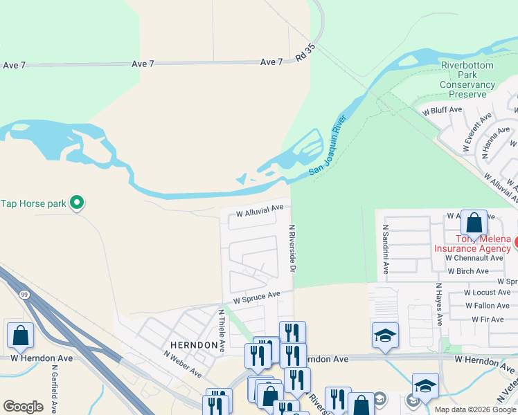 map of restaurants, bars, coffee shops, grocery stores, and more near 6726 West Alluvial Avenue in Fresno
