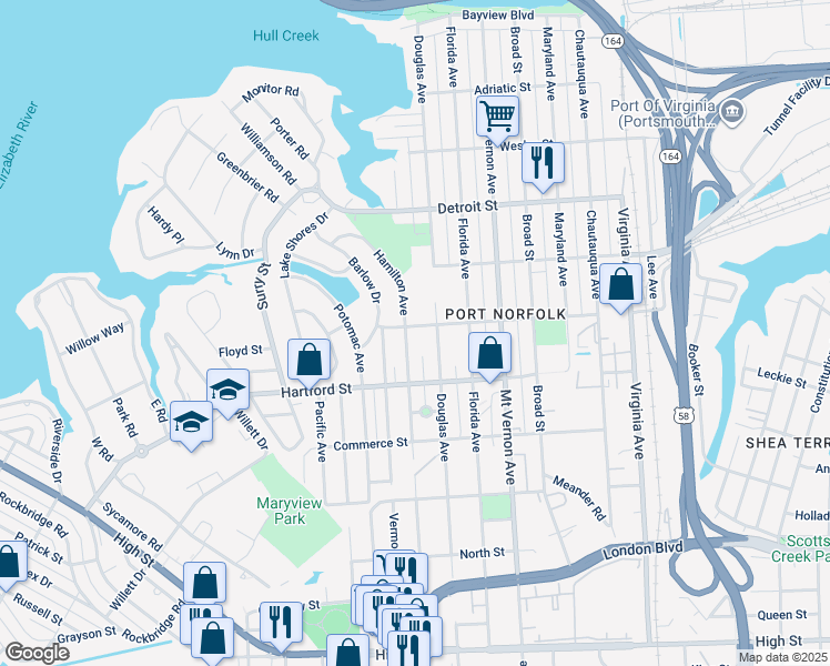 map of restaurants, bars, coffee shops, grocery stores, and more near 3011 Woodrow Street in Portsmouth