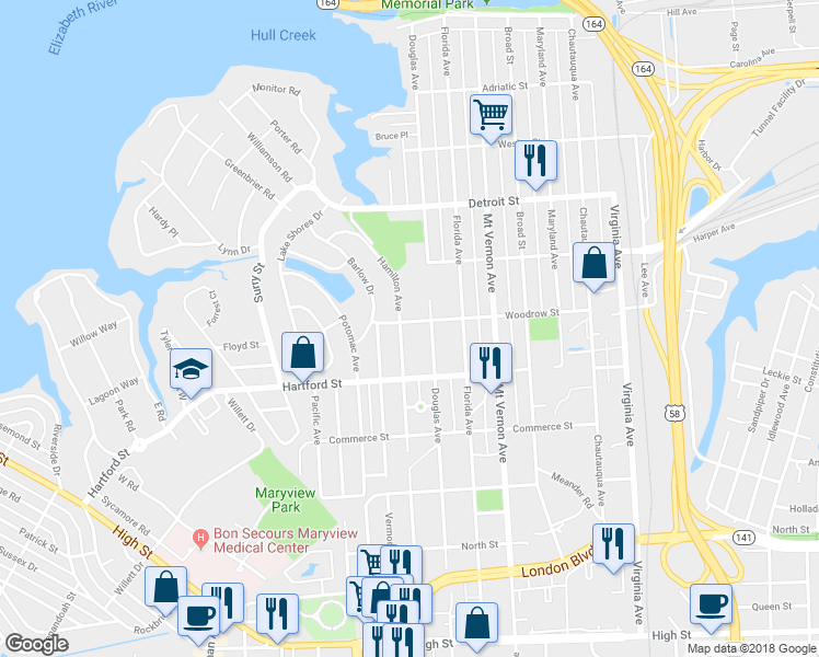 map of restaurants, bars, coffee shops, grocery stores, and more near 3011 Woodrow Street in Portsmouth