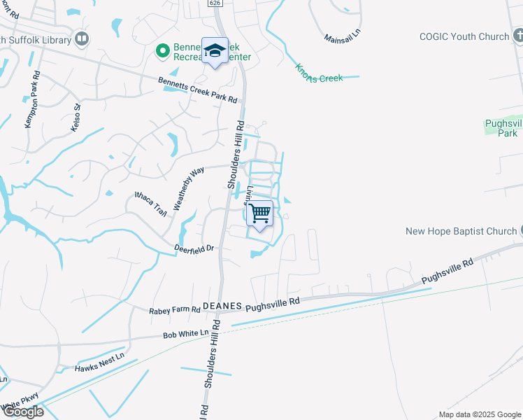map of restaurants, bars, coffee shops, grocery stores, and more near 2205 Livingston Street in Suffolk