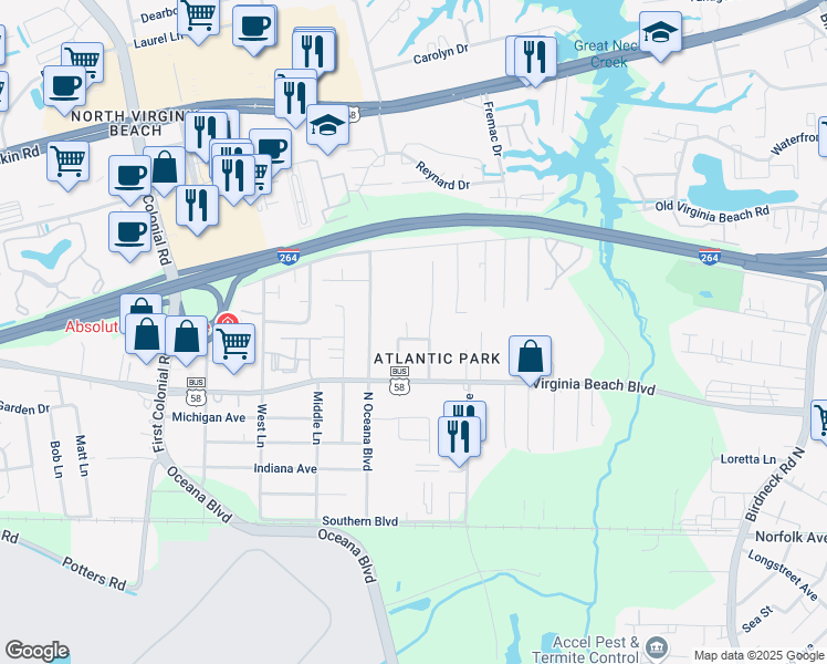 map of restaurants, bars, coffee shops, grocery stores, and more near 409 Garcia Drive in Virginia Beach