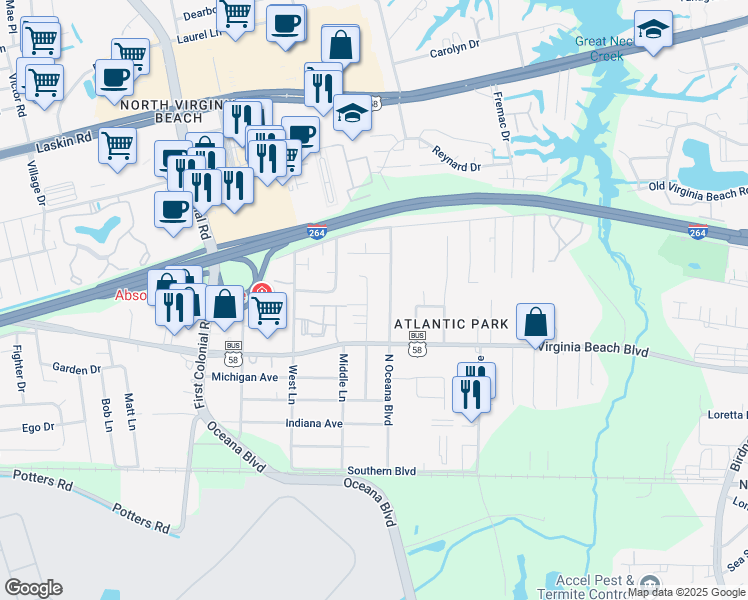 map of restaurants, bars, coffee shops, grocery stores, and more near 412 Roselynn Lane in Virginia Beach