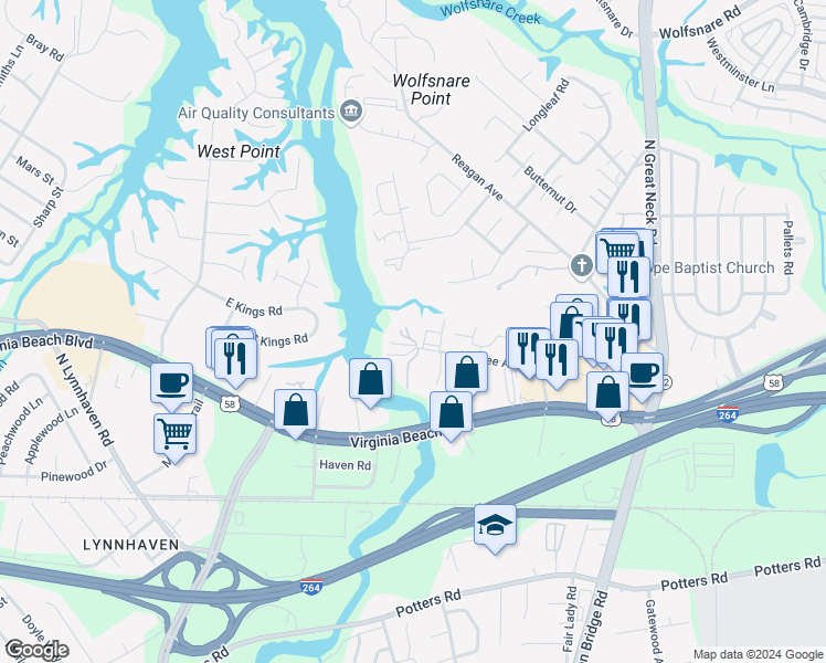 map of restaurants, bars, coffee shops, grocery stores, and more near 404 Egret Landing in Virginia Beach