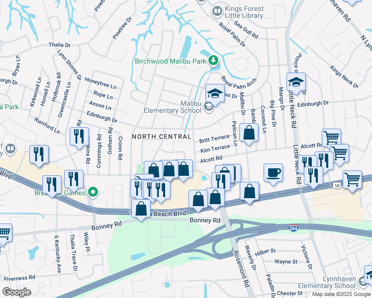 map of restaurants, bars, coffee shops, grocery stores, and more near 3705 Northmoor Court in Virginia Beach