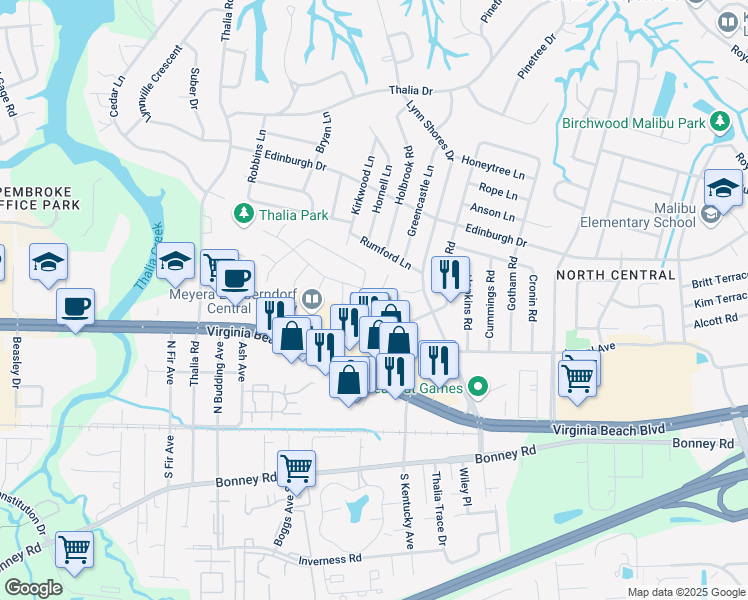 map of restaurants, bars, coffee shops, grocery stores, and more near 3915 Wyckoff Drive in Virginia Beach