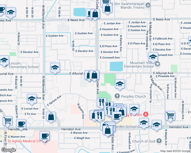map of restaurants, bars, coffee shops, grocery stores, and more near 7467 North Cedar Avenue in Fresno