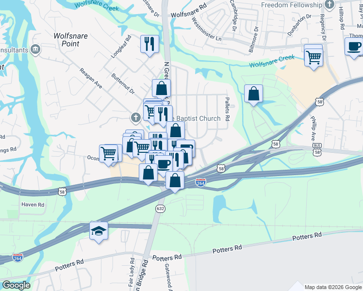 map of restaurants, bars, coffee shops, grocery stores, and more near 321 West Farmington Road in Virginia Beach