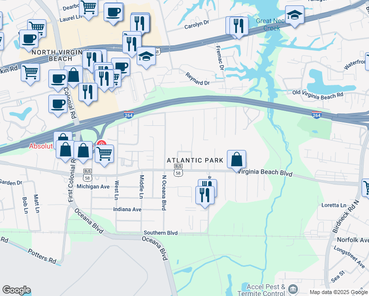 map of restaurants, bars, coffee shops, grocery stores, and more near 409 Garcia Drive in Virginia Beach