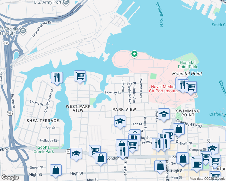 map of restaurants, bars, coffee shops, grocery stores, and more near 63 Armstrong Street in Portsmouth