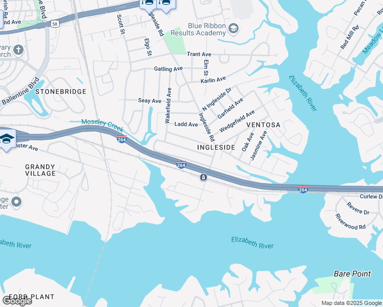 map of restaurants, bars, coffee shops, grocery stores, and more near 3579 Tennessee Avenue in Norfolk