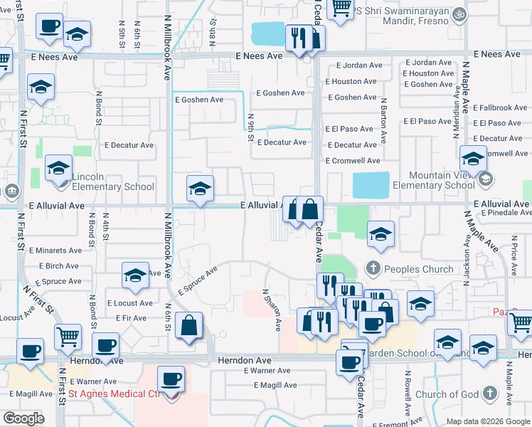 map of restaurants, bars, coffee shops, grocery stores, and more near 1277 East Alluvial Avenue in Fresno