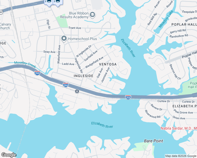 map of restaurants, bars, coffee shops, grocery stores, and more near 808 Oak Avenue in Norfolk