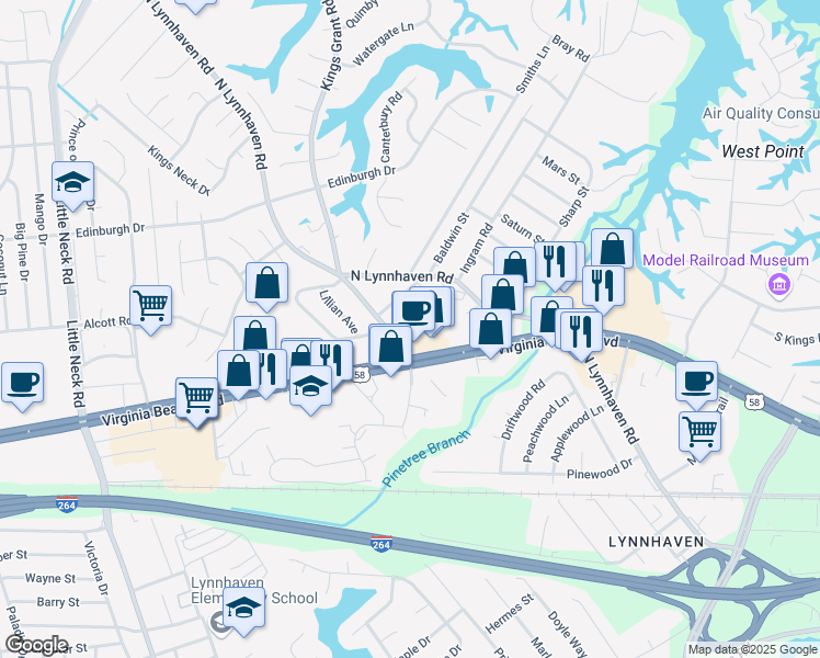 map of restaurants, bars, coffee shops, grocery stores, and more near 3020 Kings Row Court in Virginia Beach