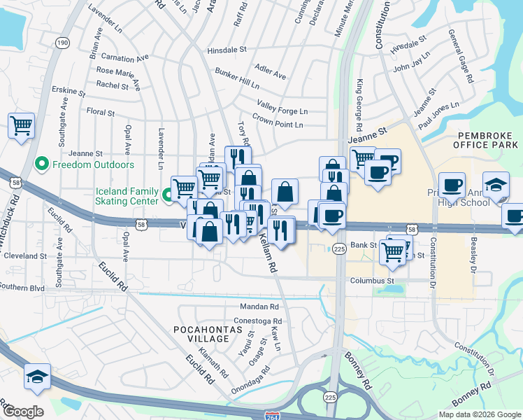 map of restaurants, bars, coffee shops, grocery stores, and more near 4752 Virginia Beach Blvd in Virginia Beach