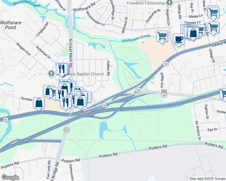 map of restaurants, bars, coffee shops, grocery stores, and more near 2136 Laskin Road in Virginia Beach