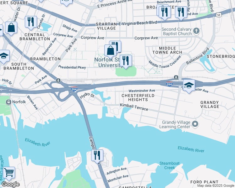 map of restaurants, bars, coffee shops, grocery stores, and more near 2319 Westminster Avenue in Norfolk