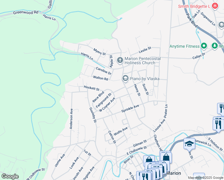 map of restaurants, bars, coffee shops, grocery stores, and more near 251 Race Boulevard in Marion