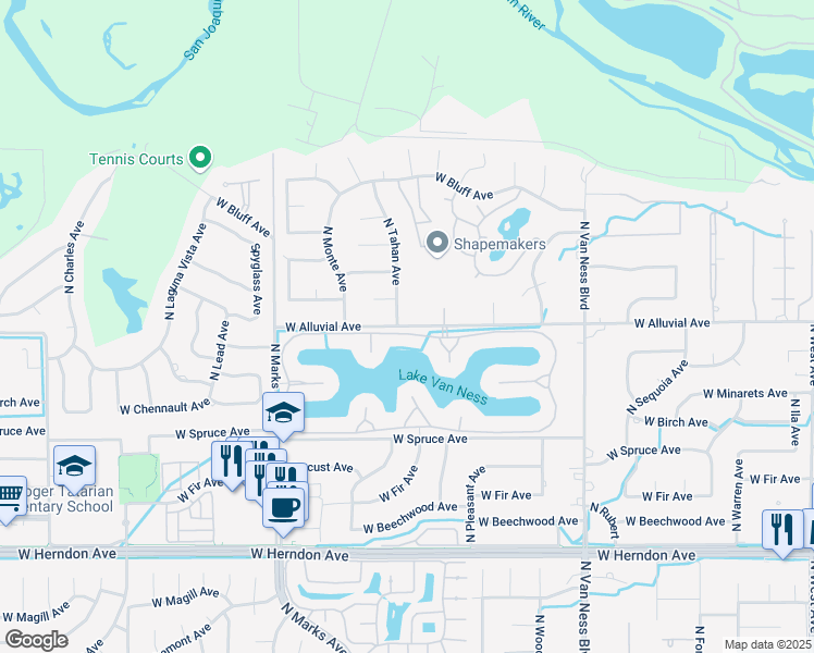 map of restaurants, bars, coffee shops, grocery stores, and more near 2672 East Alluvial Avenue in Fresno