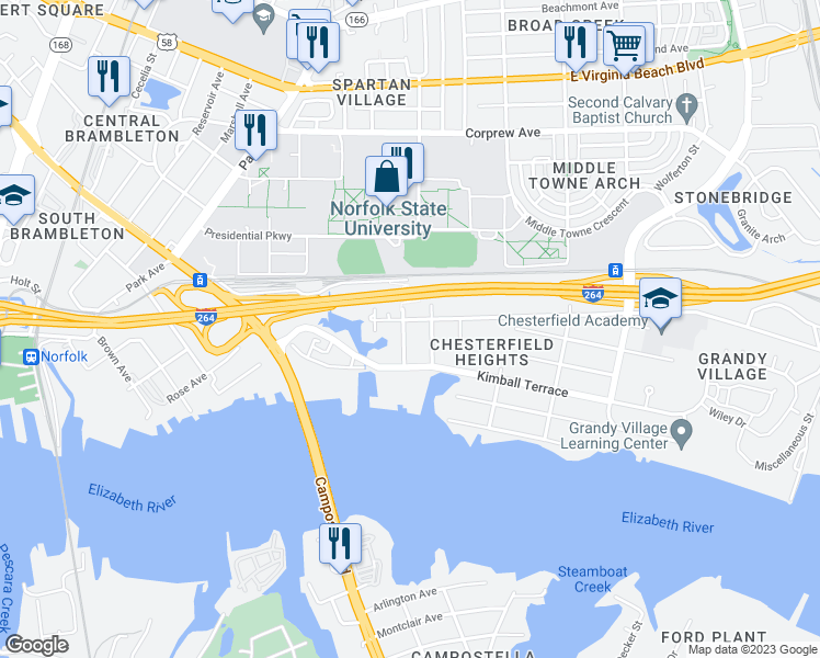 map of restaurants, bars, coffee shops, grocery stores, and more near 726 Thayor Street in Norfolk