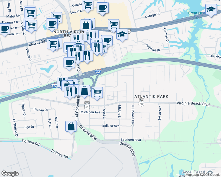 map of restaurants, bars, coffee shops, grocery stores, and more near 400 Hill Meadow Drive in Virginia Beach