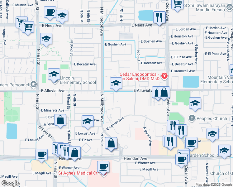 map of restaurants, bars, coffee shops, grocery stores, and more near 1135 East Alluvial Avenue in Fresno