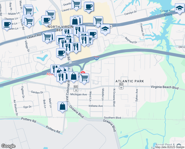 map of restaurants, bars, coffee shops, grocery stores, and more near 400 Hill Meadow Drive in Virginia Beach