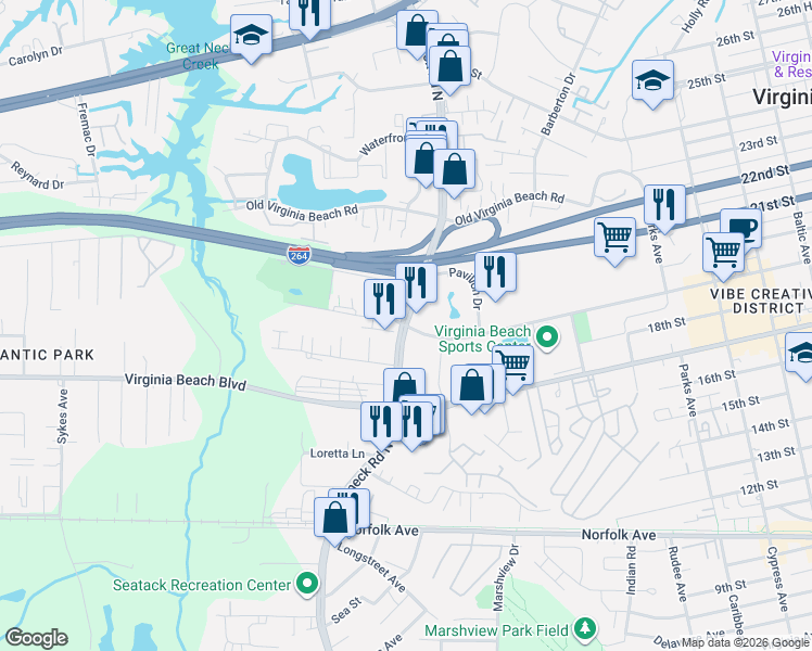 map of restaurants, bars, coffee shops, grocery stores, and more near North Birdneck Road in Virginia Beach