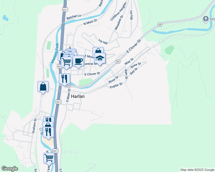 map of restaurants, bars, coffee shops, grocery stores, and more near 301 Poplar Street in Harlan