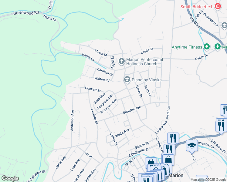 map of restaurants, bars, coffee shops, grocery stores, and more near 251 Race Boulevard in Marion