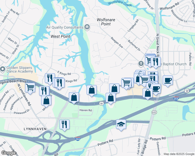 map of restaurants, bars, coffee shops, grocery stores, and more near 408 Egret Landing in Virginia Beach