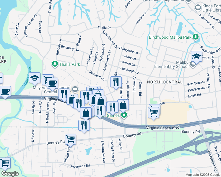 map of restaurants, bars, coffee shops, grocery stores, and more near 428 Lynn Shores Drive in Virginia Beach
