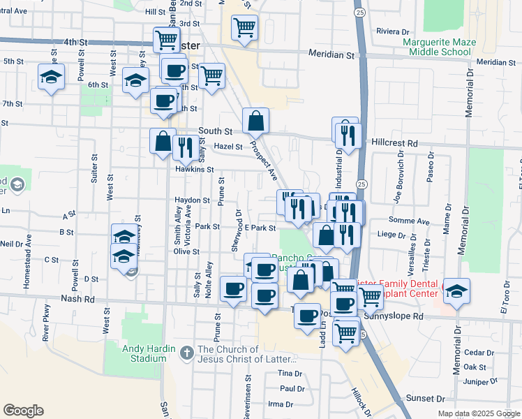 map of restaurants, bars, coffee shops, grocery stores, and more near 110 East Park Street in Hollister
