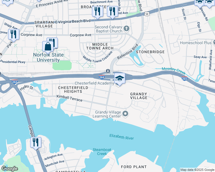 map of restaurants, bars, coffee shops, grocery stores, and more near 2837 Earlscourt Avenue in Norfolk