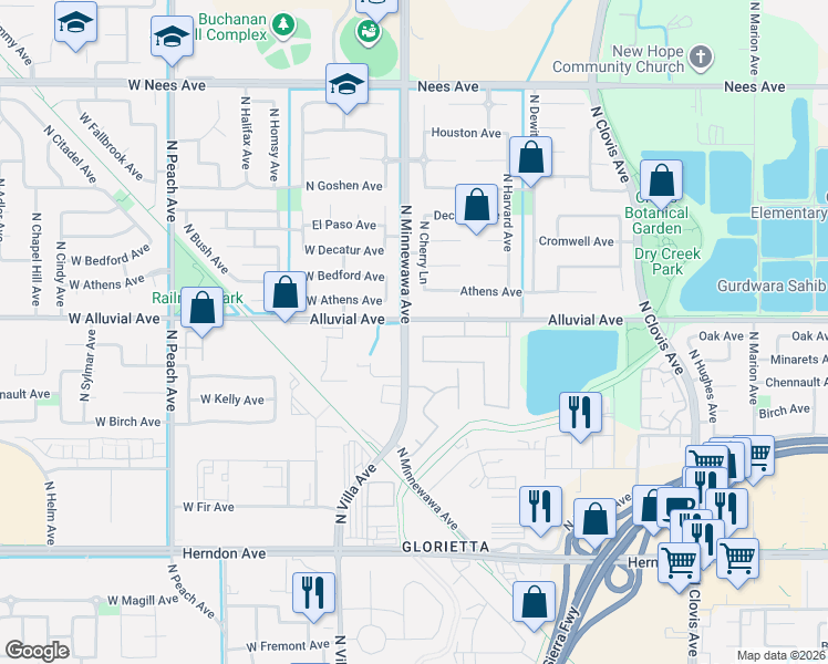 map of restaurants, bars, coffee shops, grocery stores, and more near 49 Oak Avenue in Clovis