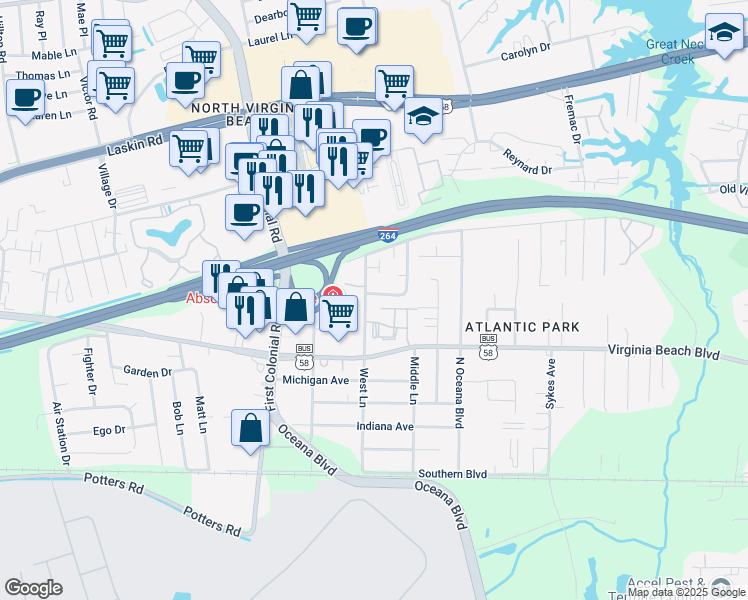 map of restaurants, bars, coffee shops, grocery stores, and more near 402 Hill Meadow Drive in Virginia Beach