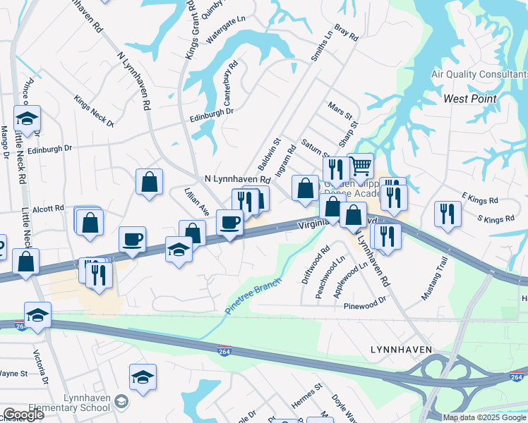 map of restaurants, bars, coffee shops, grocery stores, and more near 309 Crisfield Road in Virginia Beach
