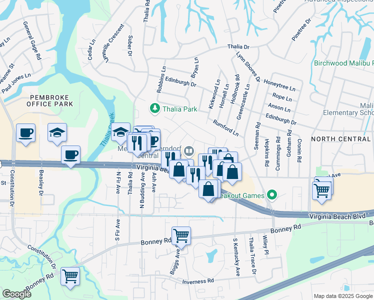 map of restaurants, bars, coffee shops, grocery stores, and more near 304 Pratt Court in Virginia Beach