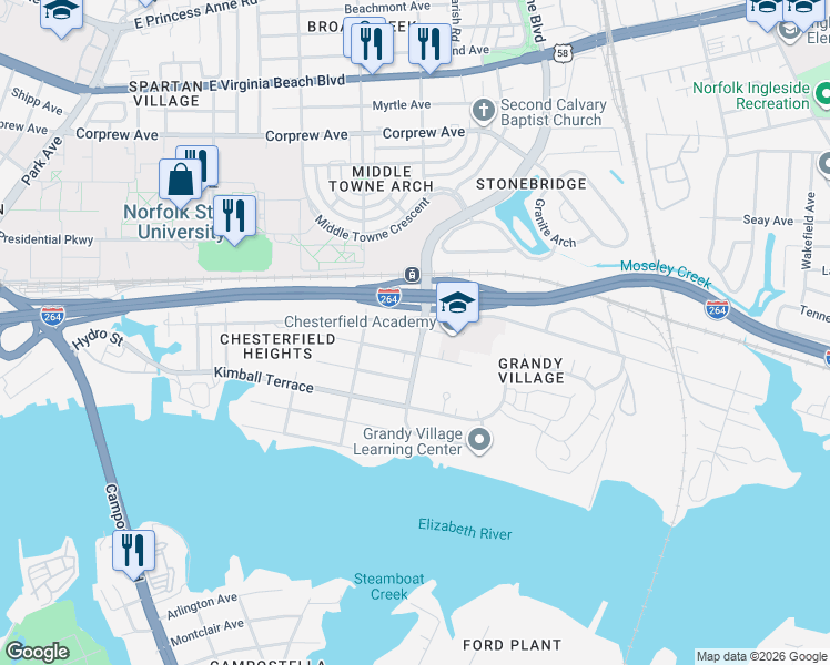 map of restaurants, bars, coffee shops, grocery stores, and more near 2901 Earlscourt Avenue in Norfolk