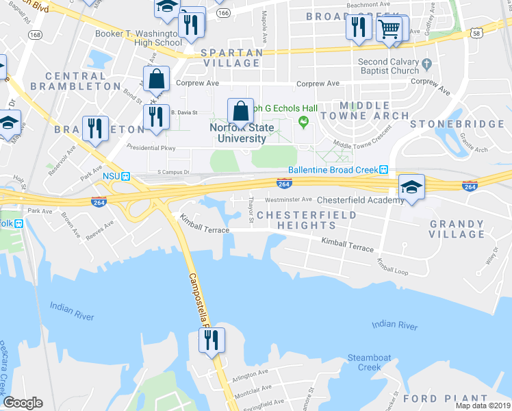 map of restaurants, bars, coffee shops, grocery stores, and more near 2319 Westminster Avenue in Norfolk