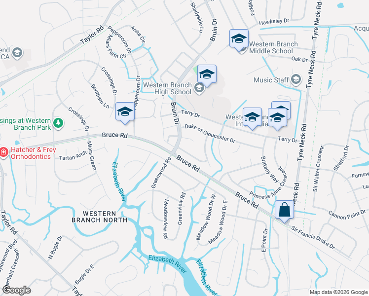 map of restaurants, bars, coffee shops, grocery stores, and more near 4228 Radcliffe Lane North in Chesapeake