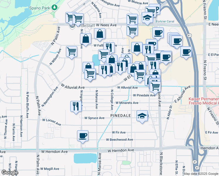map of restaurants, bars, coffee shops, grocery stores, and more near 313 West Alluvial Avenue in Fresno