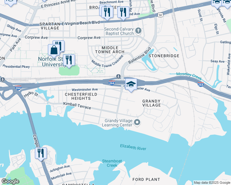 map of restaurants, bars, coffee shops, grocery stores, and more near 2821 Earlscourt Avenue in Norfolk