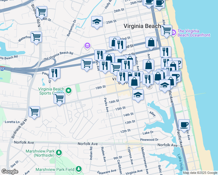map of restaurants, bars, coffee shops, grocery stores, and more near 716 18th Street in Virginia Beach