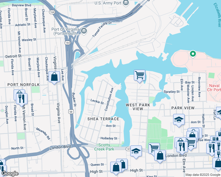 map of restaurants, bars, coffee shops, grocery stores, and more near 106 Constitution Avenue in Portsmouth